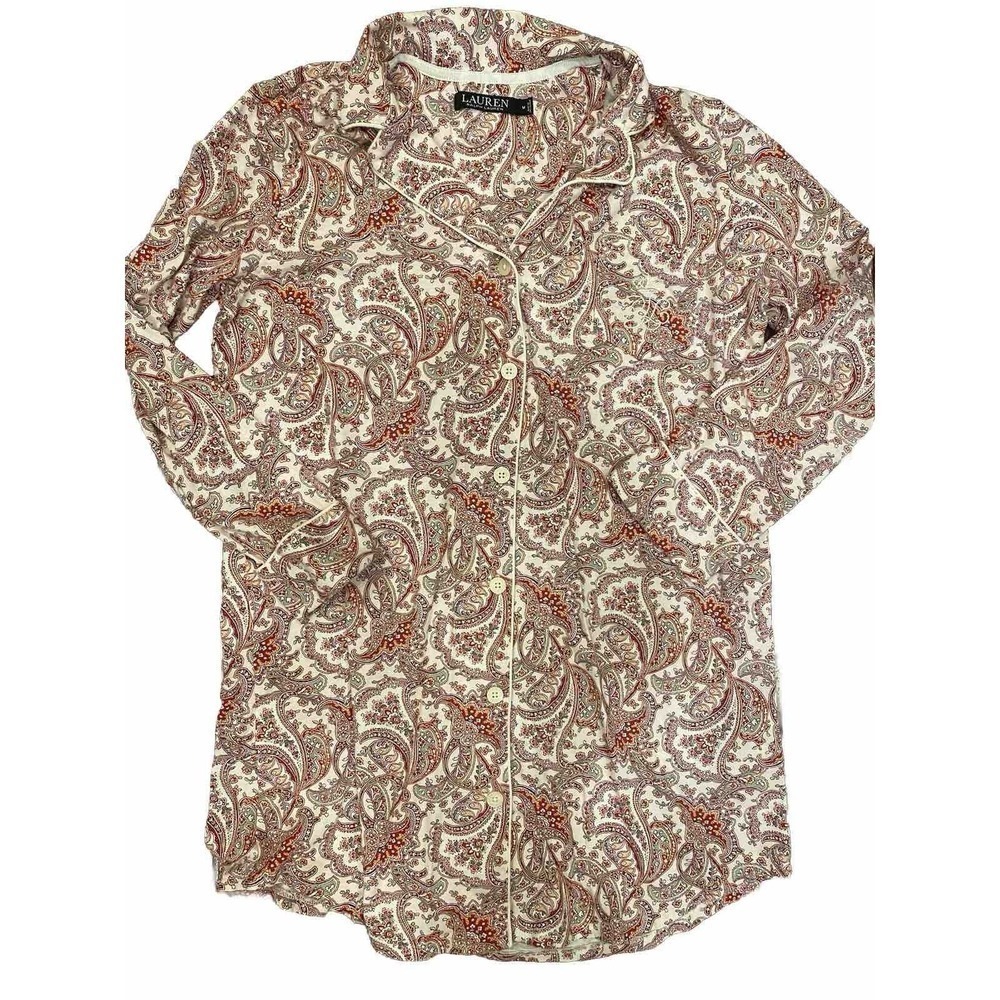 Ralph Lauren Cotton Gown Paisley Print Cream Red Green Women’s Medium Button